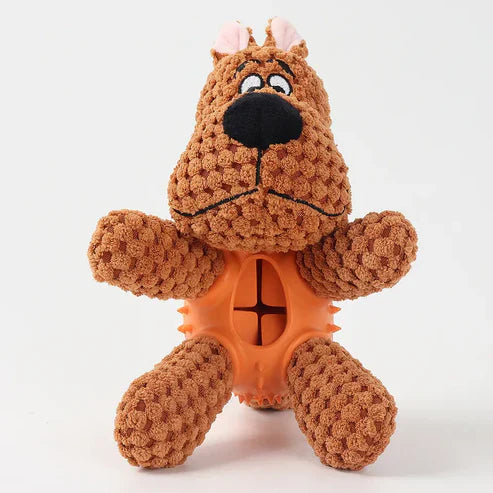 Peluche pour chien 3-en-1 avec jouet de nettoyage dentaire intégré et cachette à friandises.