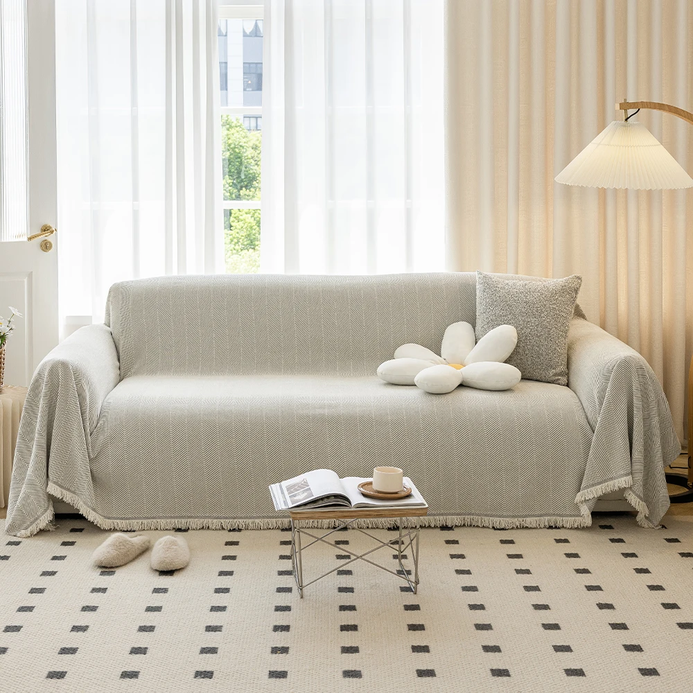 Élégant Jeté de Canapé en Chenille à Franges