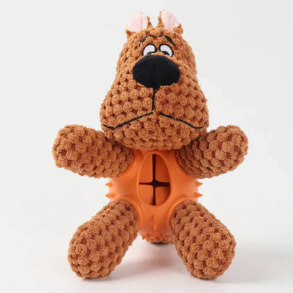 Peluche pour chien 3-en-1 avec jouet de nettoyage dentaire intégré et cachette à friandises.