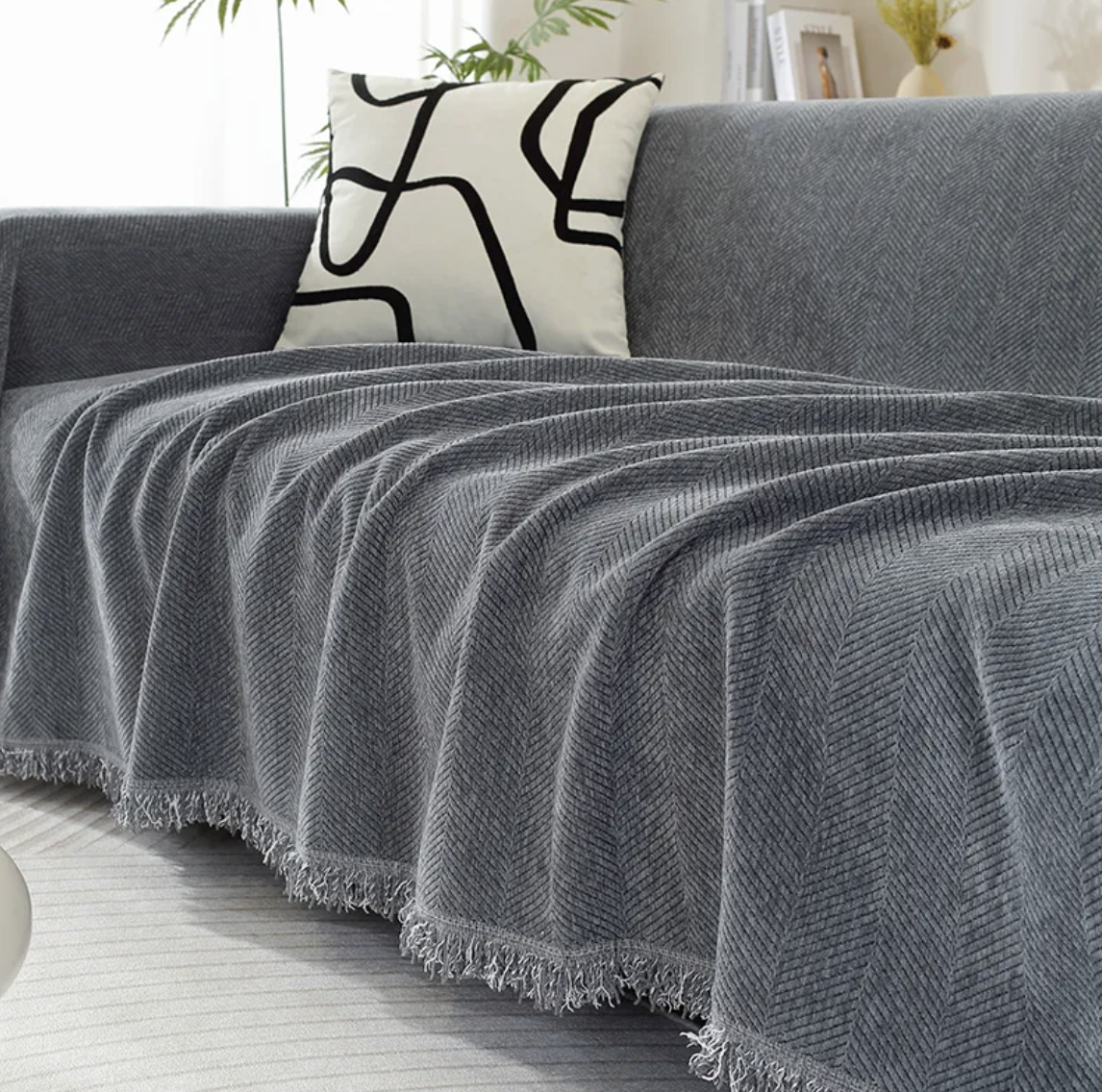 Élégant Jeté de Canapé en Chenille à Franges