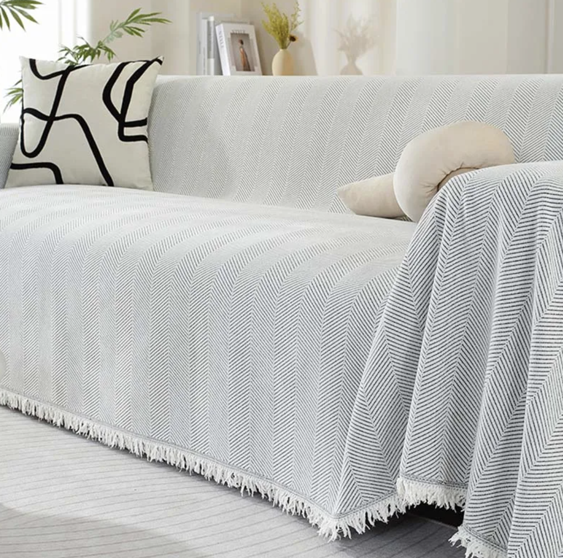 Élégant Jeté de Canapé en Chenille à Franges