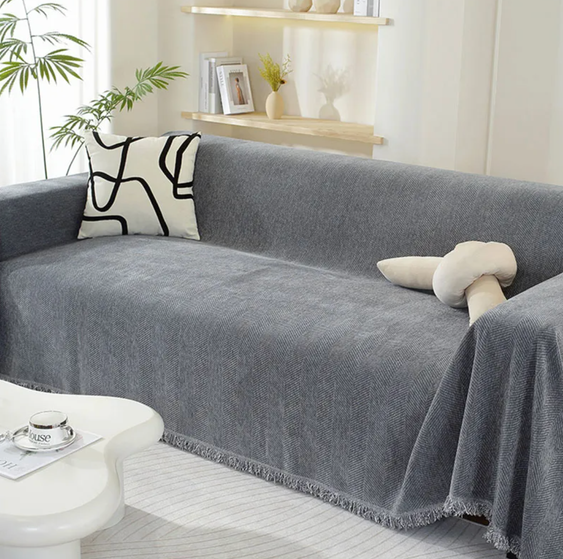 Élégant Jeté de Canapé en Chenille à Franges