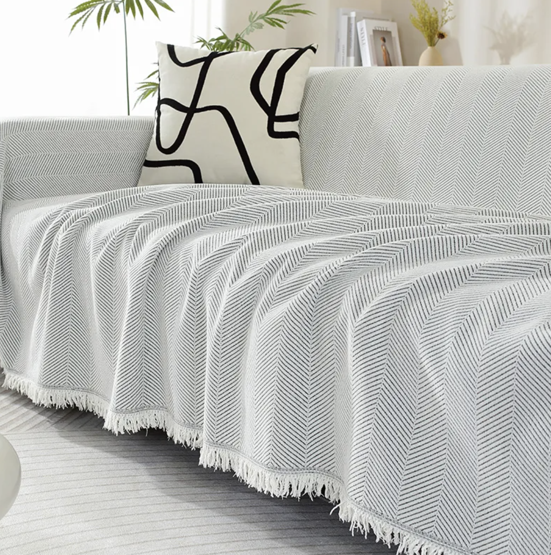 Élégant Jeté de Canapé en Chenille à Franges
